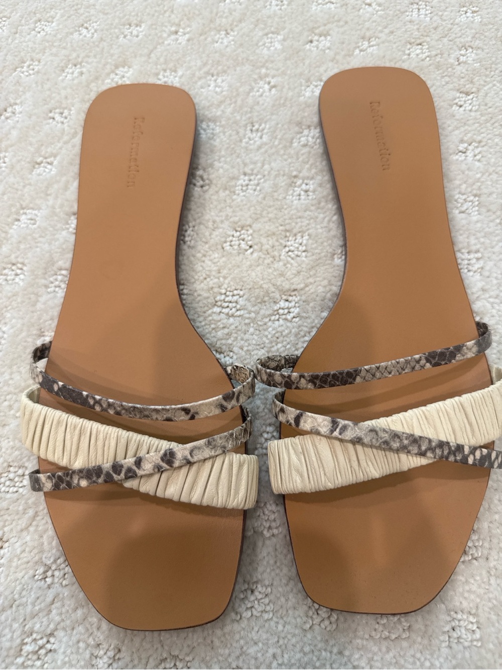 Reformation Ruched Leather Snake Print Slide Sandals Size 7 NWOT